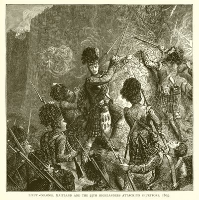 Teniente Coronel Maitland y los Highlanders 75 atacando Bhurtpore, 1805 de English School