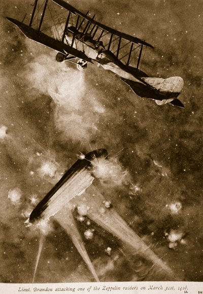 Teniente Brandon atacando a uno de los asaltantes Zeppelin el 31 de marzo de 1916, 1914-19 de English School