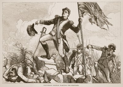 El Teniente Graham plantando el estandarte, ilustración de Cassells Illustrated History of India de James Grant, pub. 1879 de English School