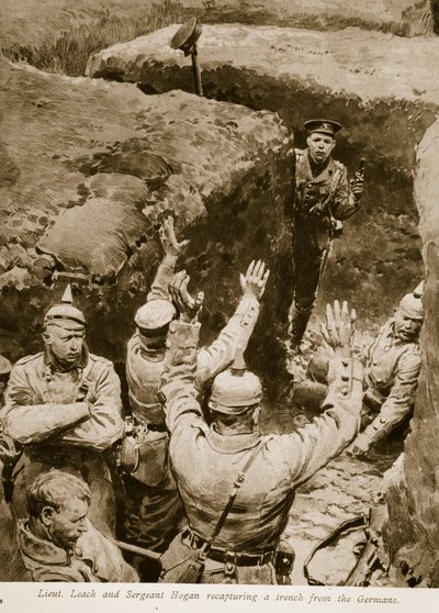 Teniente Leach y sargento Hogan recapturando una trinchera de los alemanes, 1914-19 de English School