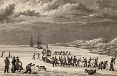 Primer viaje del Teniente William Parry: Las tripulaciones del H.M.S. Hecla y H.M.S. Griper cortando en Winter Harbour, c.1819 de English School