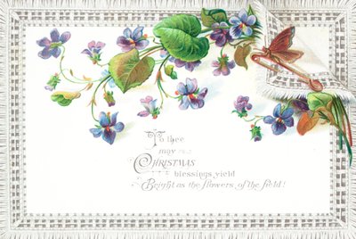 Flores de campo lilas y mariposa, tarjeta de Navidad de English School