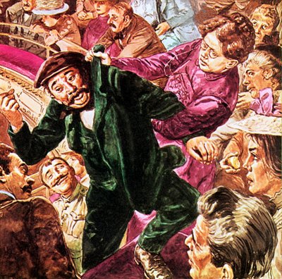 Lilian Baylis expulsando a un borracho de la galería de su amado Old Vic de English School