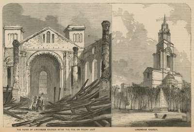 Iglesia de Limehouse antes y después del incendio de English School