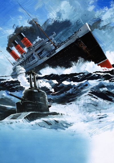 Transatlántico siendo hundido por un submarino de English School