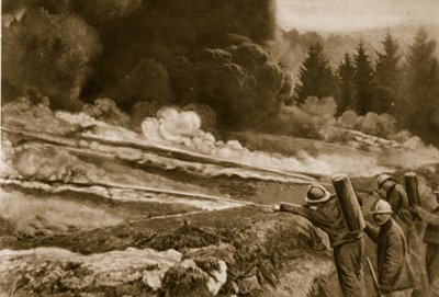 Fuego líquido, primero empleado por los alemanes, adoptado con éxito por los aliados, 1914-19 de English School