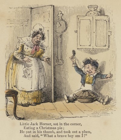 Pequeño Jack Horner, sentado en la esquina, Comiendo un pastel de Navidad, Metió el pulgar y sacó una ciruela, Y dijo, "¡Qué valiente soy!" (grabado coloreado) de English School