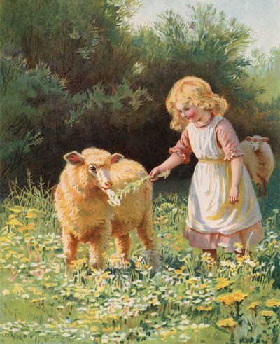 Niña alimentando una flor a una oveja en un prado (chromolitho) de English School