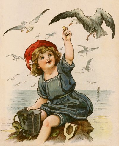 Niña dando de comer a las gaviotas (litografia en color) de English School