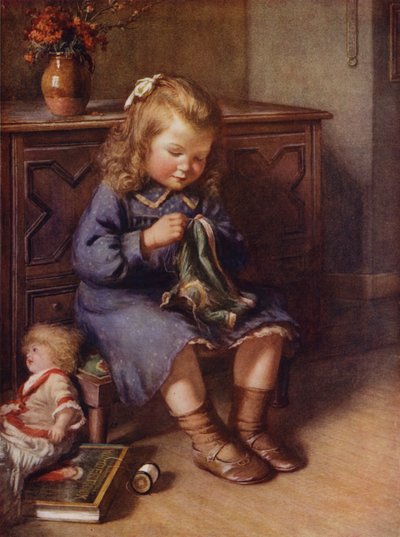 Niña cosiendo ropa para su muñeca (litografia color) de English School