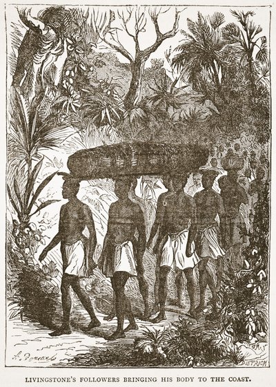 Los seguidores de Livingstone llevando su cuerpo a la costa, ilustración de The Pictorial Edition of the Life and Discoveries of David Livingstone por J. Ewing Richie, pub. por A. Fullarton & Co., 1876 de English School