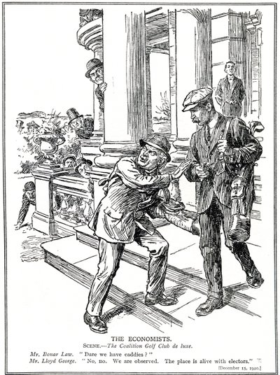 Lloyd George y Bonar Law en el Club de Golf de la Coalición, temerosos de la Liga Anti-Desperdicio, tienen que prescindir del lujo de los caddies. Diciembre de 1920 de English School