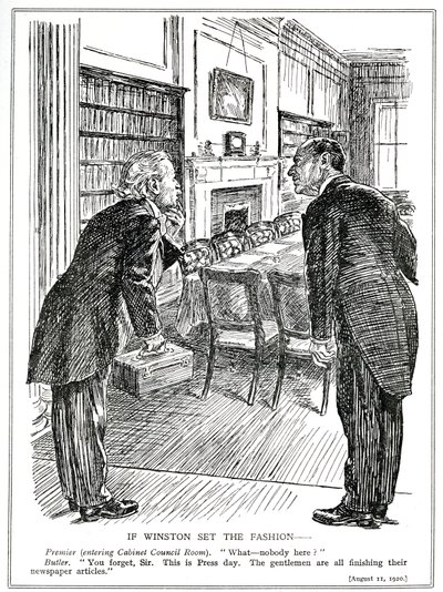 Lloyd George entra en una Sala de Gabinete vacía de ministros que están ocupados escribiendo artículos para los periódicos, agosto de 1920 de English School