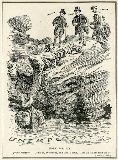 Lloyd George diciendo a empleadores, banqueros y trabajadores que cooperen para derrotar el desempleo, 1921 de English School