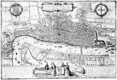 Londinium Feracissimi Angliae Regni Metropolis, ilustración tomada de Londres en la época de los Tudor por Sir Walker Besant, 1904 de English School