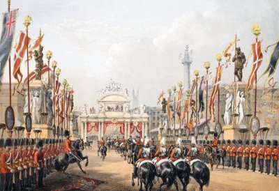 Puente de Londres, custodiado por la Honorable Compañía de Artillería de Londres, de A Memorial of the Marriage of Edward VII and Alexandra of Denmark, pub. 1864 de English School