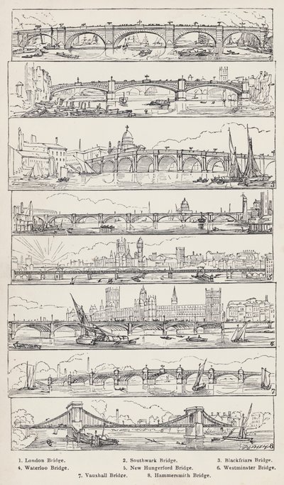 Puente de Londres, Puente de Southwark, Puente de Blackfriars, Puente de Waterloo, Nuevo Puente de Hungerford, Puente de Westminster, Puente de Vauxhall, Puente de Hammersmith (grabado) de English School