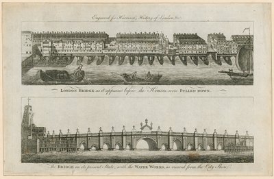 Puente de Londres antes de que se derribaran las casas, y en su estado actual de English School