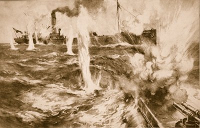 Collier londinense Wandle enfrentándose con éxito a un submarino alemán en el Mar del Norte el 29 de abril de 1916, 1914-19 de English School