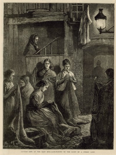 Vida en Londres en el East End - fabricación de sacos a la luz de una farola de English School