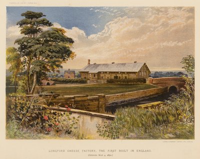 Longford Cheese Factory, la primera construida en Inglaterra, inaugurada el 4 de mayo de 1870 (litografía en color) de English School