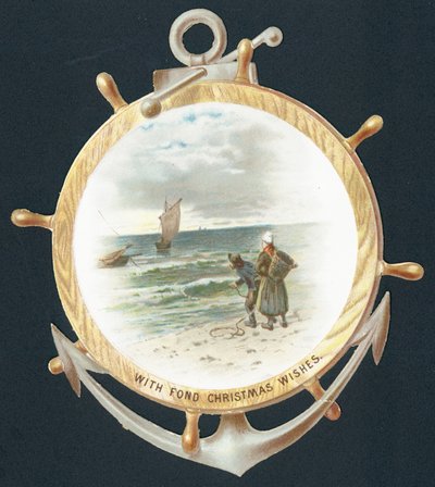 Mirando a través del timón de un barco, tarjeta de Navidad de English School