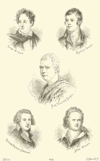 Lord Byron, Robert Burns, Sir Walter Scott, Richard Brinsley Sheridan, John Wilson de English School
