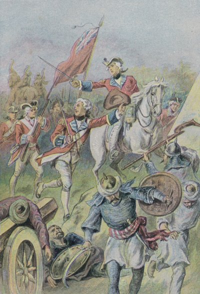 Lord Clive comandando a los británicos en la batalla de Plassey, India, 1757 de English School