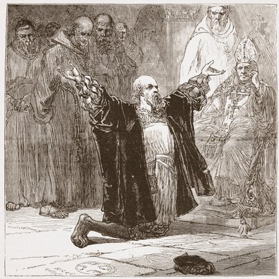 Lord Cobham ante los obispos, ilustración de La Historia del Protestantismo de James Aitken Wylie, pub. 1878 de English School