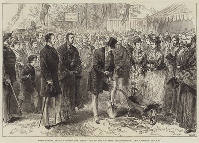 Lord Ernest Bruce inaugurando el primer césped del ferrocarril Swindon, Marlborough y Andover (grabado) de English School