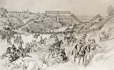 Columna de Lord Roberts cruzando el río Sand Drift durante la segunda guerra bóer, de "South Africa and the Transvaal War" de Louis Creswicke, publicado en 1900 (litografía). de English School