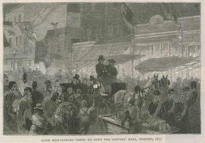 Lord Shaftesbury yendo a inaugurar el Costers Hall, Hoxton, Londres, 1875 de English School