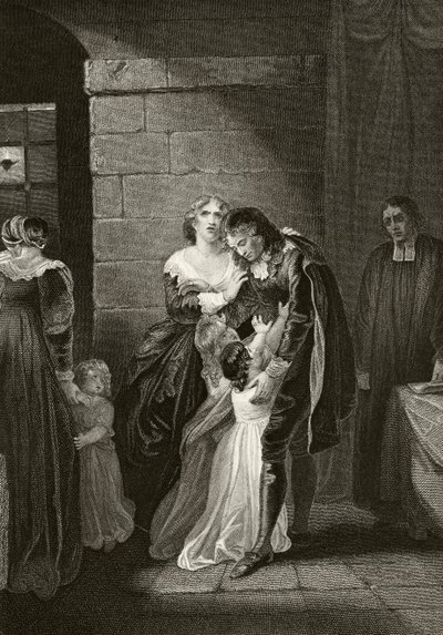 Lord William Russell despidiéndose de su familia antes de su ejecución el 21 de julio de 1683, de "The National and Domestic History of England" de William Hickman Smith Aubrey (1858-1916) publicado en Londres, hacia 1890 (litografía). de English School