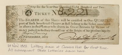 Lotería sorteada en Coopers Hall por primera vez, 29 de noviembre de 1802 de English School