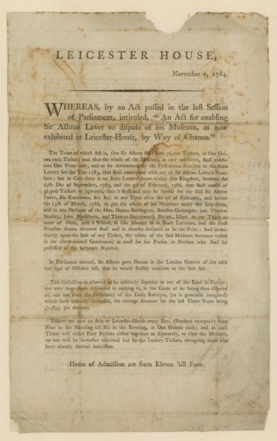 Lotería para la disposición del Museo de Sir Ashton Lever, 1784 de English School