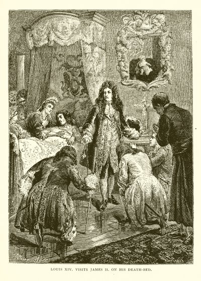 Luis XIV Visita a Jacobo II en su Lecho de Muerte de English School