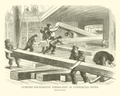 Cargadores descargando buques madereros en muelles comerciales (grabado) de English School