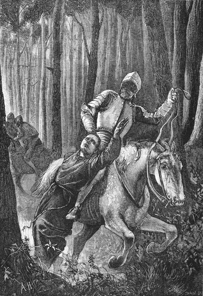 Lutero atacado por jinetes enmascarados en el Bosque de Turingia, ilustración de La Historia del Protestantismo de James Aitken Wylie, pub. 1878 de English School