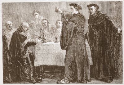 Lutero desafiando a Carlstadt a escribir contra él, ilustración de La Historia del Protestantismo de James Aitken Wylie, pub. 1878 de English School