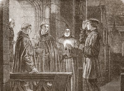 Lutero entrando en el convento agustino, ilustración de La Historia del Protestantismo por James Aitken Wylie (1808-1890), pub. 1878 de English School