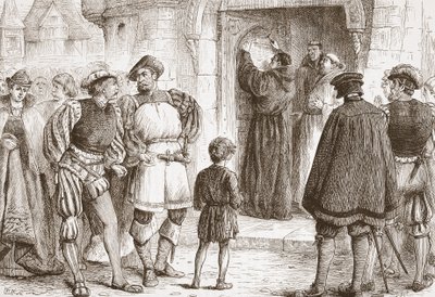 Lutero clavando sus Tesis en la puerta de la Schloss-Kirk en Wittemberg, ilustración de La Historia del Protestantismo de James Aitken Wylie, pub. 1878 de English School