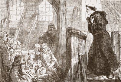 Lutero predicando en la antigua iglesia de madera en Wittemberg, ilustración de La Historia del Protestantismo por James Aitken Wylie (1808-1890), pub. 1878 de English School