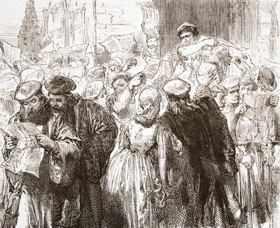Folleto de Lutero: escena en la imprenta, ilustración de La Historia del Protestantismo de James Aitken Wylie, pub. 1878 de English School