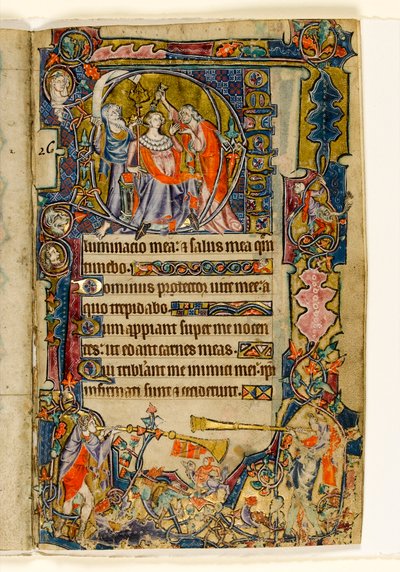La unción de David y trompetistas, inicial historiada del Salterio de Macclesfield, Uso de Sarum, East Anglia, c.1330 de English School