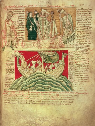 MS CCC 157 p.383 Las visiones soñadas por el rey Enrique I en Normandía en 1130, de la Crónica de Worcester, c.1130-40 (vitela) insertada c.1140 por Juan de Worcester en la crónica iniciada por Florencia de Worcester (m.1118); una de las primeras crónicas  de English School