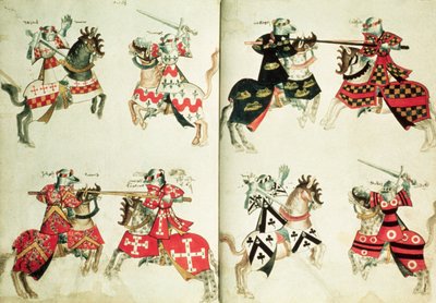 MS Harley 4205 fol.31v-32 Caballeros justando mostrando emblemas heráldicos (vitela) de English School