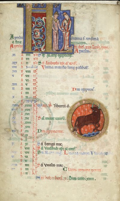MS Hunter 229 f.2v Abril, del Salterio Hunteriano, c.1170 (pluma y tinta, y temple sobre vitela) de English School