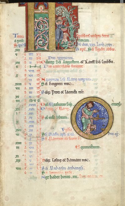 MS Hunter 229 f.5r Septiembre, del Salterio Hunteriano, c.1170 (pluma y tinta, y temple sobre vitela) de English School