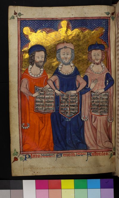 Ilustración de Platón, Séneca y Aristóteles de English School