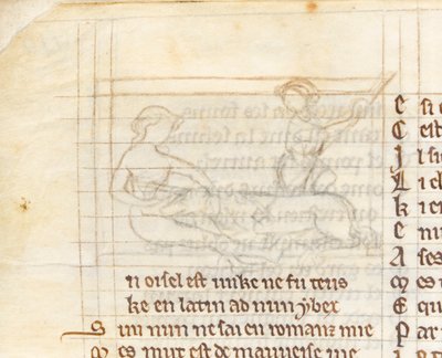 MS McClean 123 f.40v Dibujo subyacente para una miniatura que muestra a un cazador atrapando un unicornio acostado desnudo en el regazo de una virgen, del 